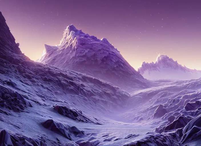 Image similar to detailed intricate digital illustration by greg rutkowski and wlop and sanford robinson gifford ; icy glacier landscape with shards of purple glistening geode sticking up from the ground like mountains, puffy clouds and snow ; 1 3 mm film, arri alfa anamorphic lens ; sharp focus, golden hour lighting, trending on artstation 4 k