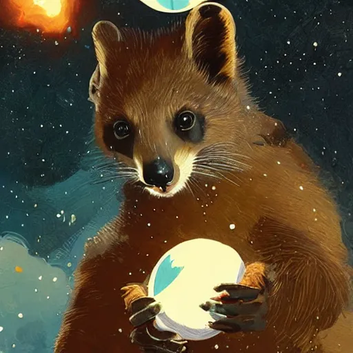 Image similar to giant pine marten in space holding a planet, digital art, trending on artstation, highly detailed, by Greg Rutkowski, by Conrad Roset, by Dan Mumford