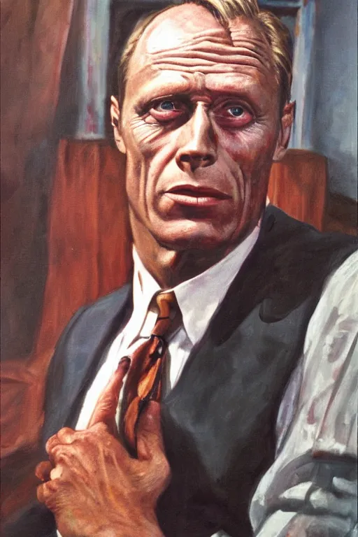 Prompt: realistic portrait of richard widmark in color on a movie set, oil painting