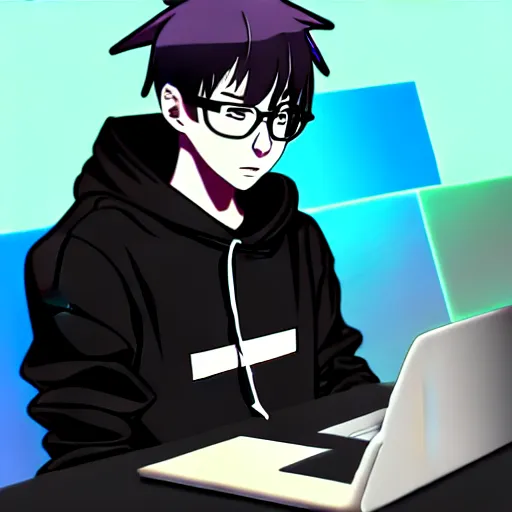 Prompt: a smart teenager boy with a black hoodie sitting behind his laptop and programming, digital art, anime style, trending on Artstation