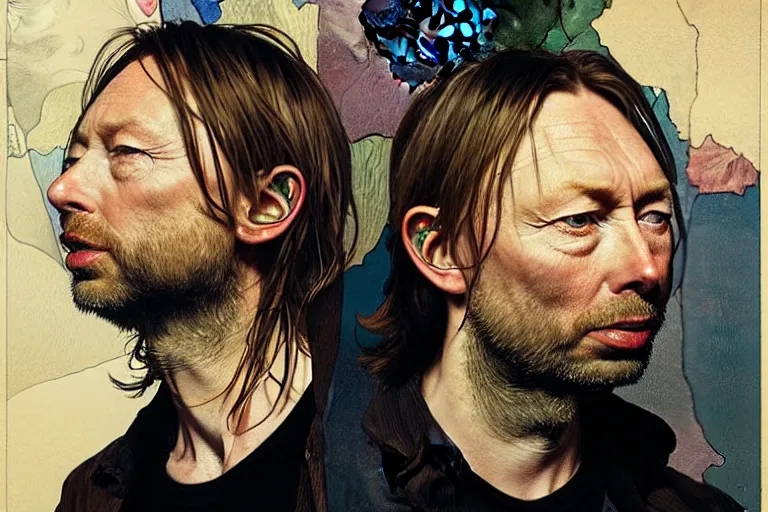 Image similar to hyper realistic portrait of rounder faced thom yorke, bigger nose, bigger chin, sideview, on a stage, by lee bermejo, alphonse mucha and greg rutkowski