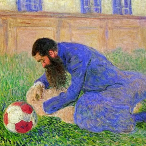 Prompt: monet painting of a bearded man with shaved head puking on a soccer ball, highly detailed, realistic,