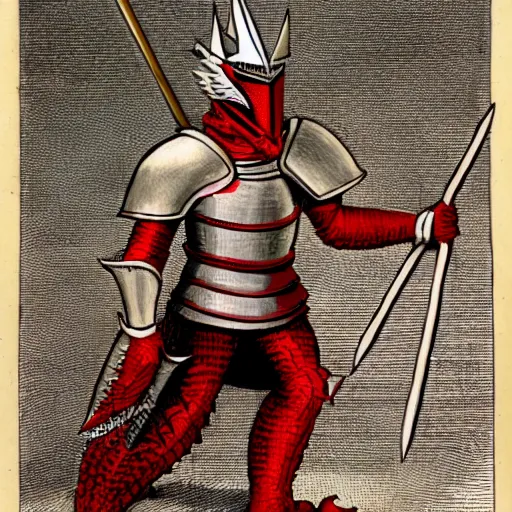 Prompt: a knight wearing full red armor, in the style of a dragon, spikes, wielding a whip,
