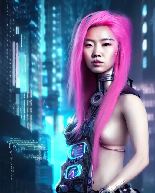 Image similar to portrait of a beautiful asian woman with pink hair as a cyberpunk cyborg half robot, sci - fi, missing panels, intricate abstract upper body intricate artwork, concept art, octane render, deviantart, cinematic, key art, hyperrealism, iridescent accents, portrait photograph, nikon 3 5 mm, photograph by greg rutkowski