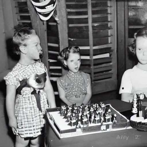 Image similar to 1 9 5 0's photograph of eerie animatronic animal at birthday party