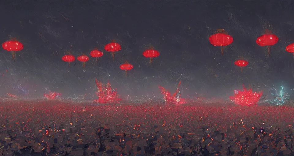 Image similar to craig mullins and ghibli digital art of zhongyuan festival in china ， red lanterns in the sky, black night sky, stars, fireworks, below is the crowd, fireworks, rivers, villages ， unreal engine, hyper realism, realistic shading, cinematic composition, realistic render, octane render, detailed textures, photorealistic, wide shot