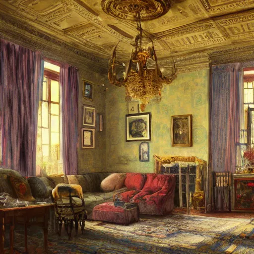 Prompt: a beautiful intricate watercolor illustration of a victorian livingroom 4 k, ultra - wide angle, by william turner, by gustav klimt, hd, trending on artstation, hyper detailed, muted intense colors