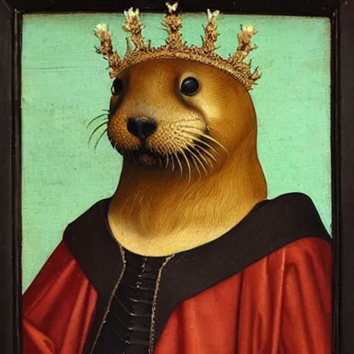 Image similar to a renaissance style portrait painting of a otter, wearing a crown and cape, dark background