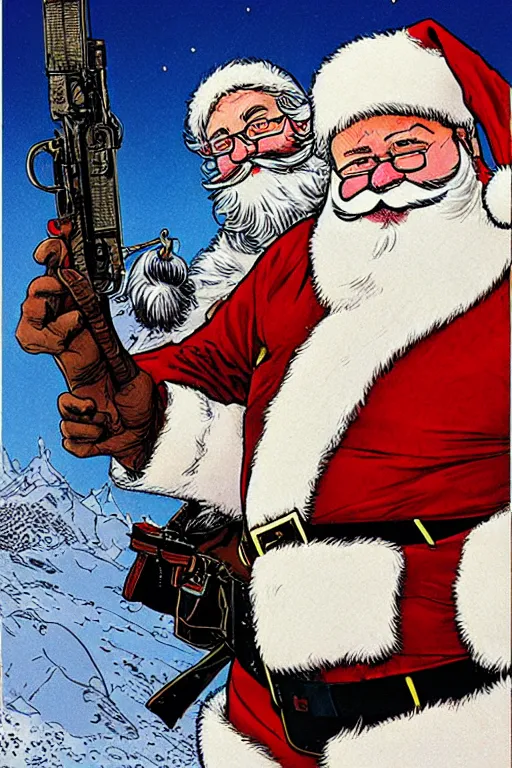 Image similar to concept of Santa Claus holding a M61 Vulcan and wearing an army harness vest full of pouches, by Geof Darrow and Simon Bisley, detailed, full body