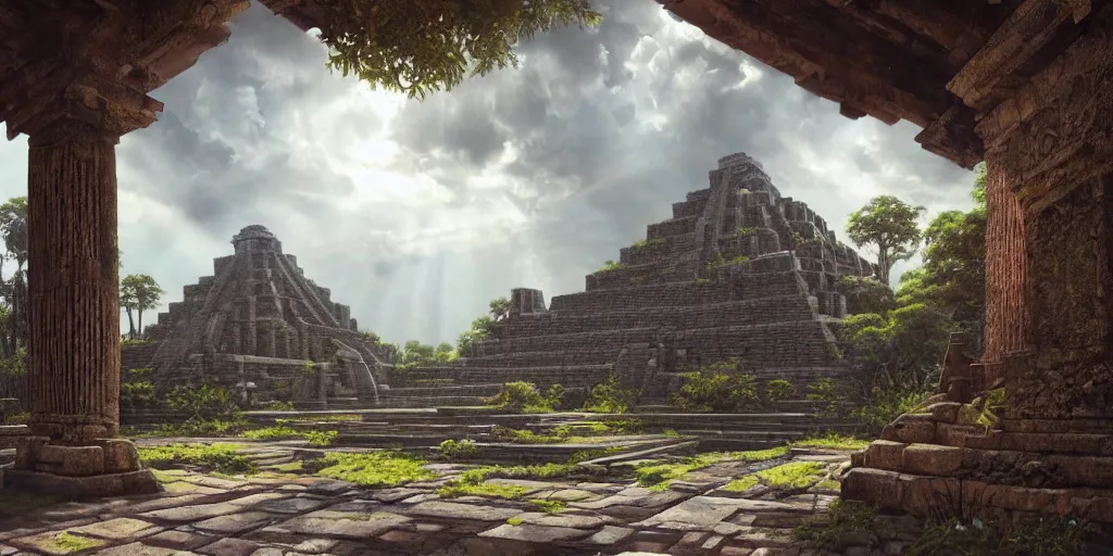 Image similar to beautiful aztec temple overrun by nature, gorgeous clouds, god rays, digital art, landscape, fantasy art, octane render, ureal engine, high detail, very realistic, by greg rutkowski. by james gurney