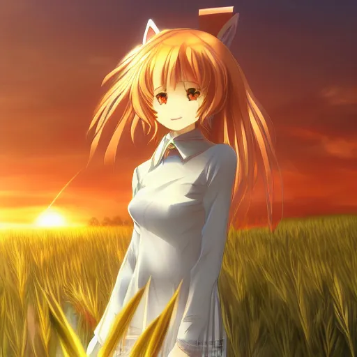 Prompt: anime illustration of Holo from Spice and Wolf standing in a wheat field at sunset, Holo if a wolf girl, high detail, trending on artstation