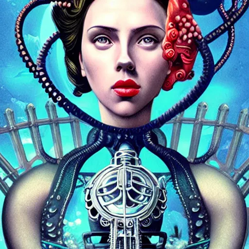 Image similar to underwater bioshock lovecrafian victorian portrait of scarlett johansson, octopus, Pixar style, by Tristan Eaton Stanley Artgerm and Tom Bagshaw.