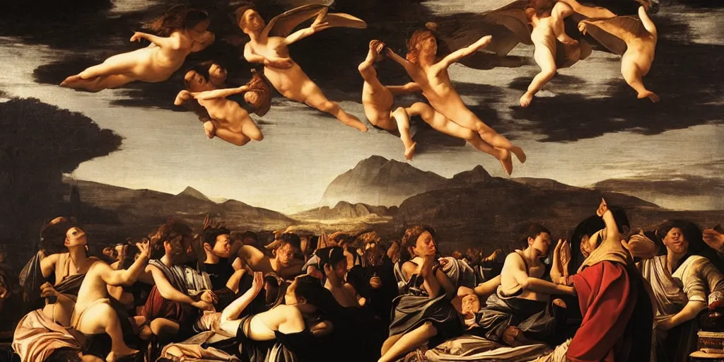 Image similar to beautiful oil matte portrait painting, people dancing among the clouds, flying in the sky, wonderful masterpiece highly detailed, beautiful cinematic light deep focus, elegant, digital painting, smooth, sharp focus, golden ratio, dramatic illumination, ultra realistic, 8 k, art by giovanni bellini and caravaggio