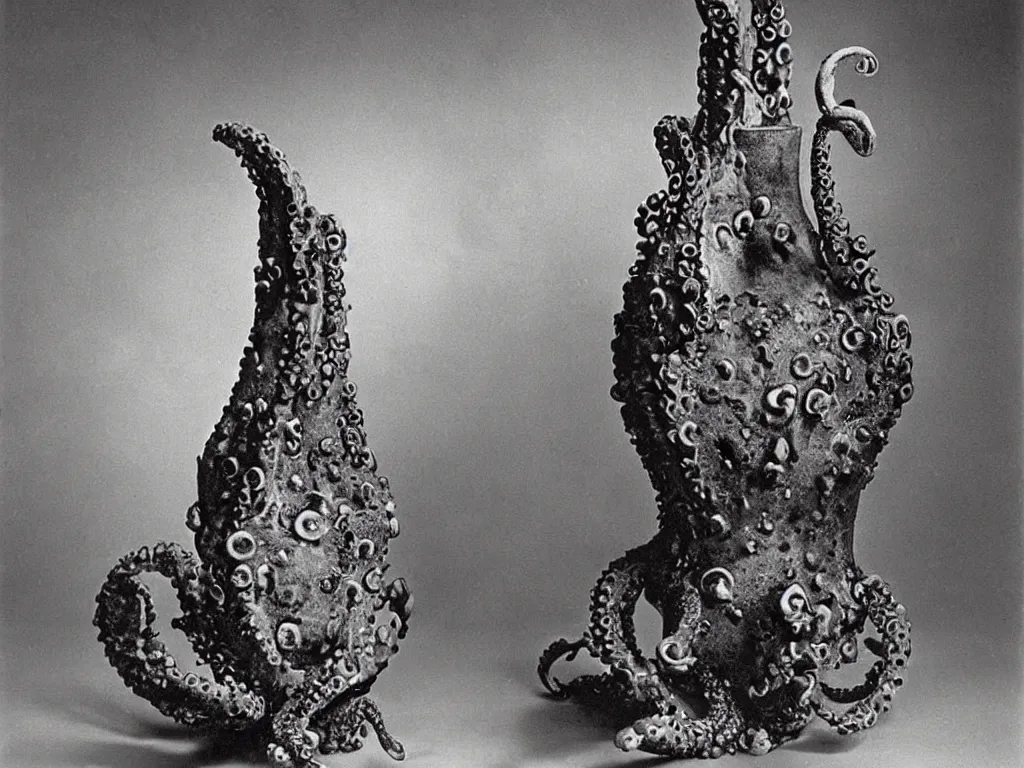 Prompt: flaming gothic stone vase, pot, jug in the shape of octopus. karl blossfeldt, salvador dali