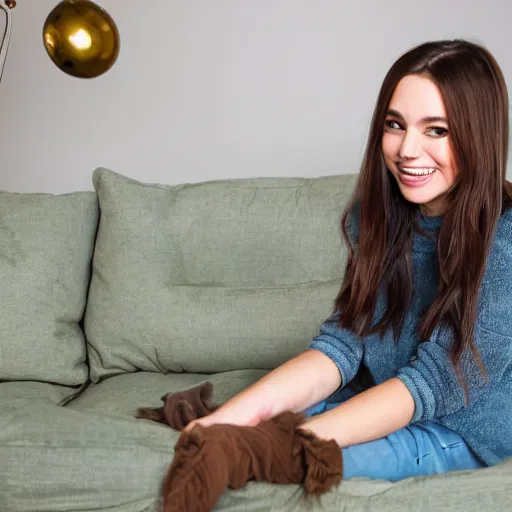 Image similar to Render of a cute 3d young woman smiling, long shiny bronze brown hair, full round face, emerald green eyes, medium skin tone, light cute freckles, smiling softly, wearing casual clothing, relaxing on a modern couch, interior lighting, cozy living room background, medium shot, mid-shot, soft focus, trending on Artstation, Unreal Engine 5 , 4k, professional photography, Portra 400