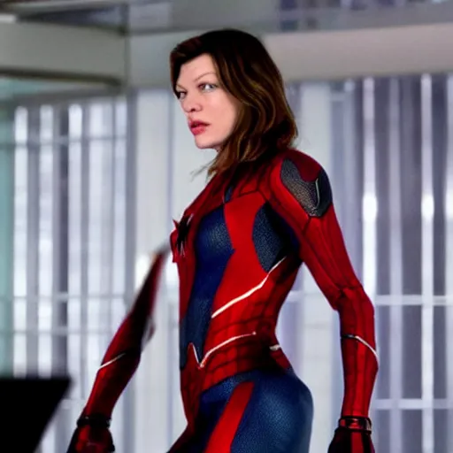 Image similar to Mila Jovovich as spiderwoman , film still, best scene,focus on character