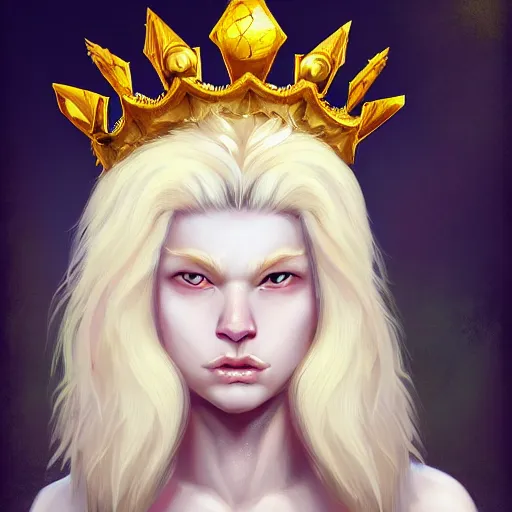 Image similar to a beautfiul aesthetic commission portrait of a anthro albino lion wearing a king's crown,attractive beautiful face,detailes face,expression,natural lighting,fantasy art,deviantart,artstation,character design by charles bowater,ross tran,4k,photorealistic