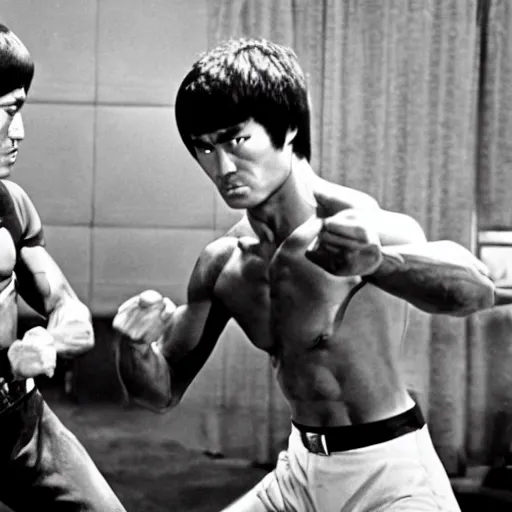 Prompt: a photo of bruce lee versus batman