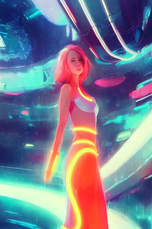 Image similar to digital art of a beautiful girl wearing a neon skirt in a futuristic spaceship, expressive oil painting, by wlop, by artgerm, anime style, octane render, full body shot