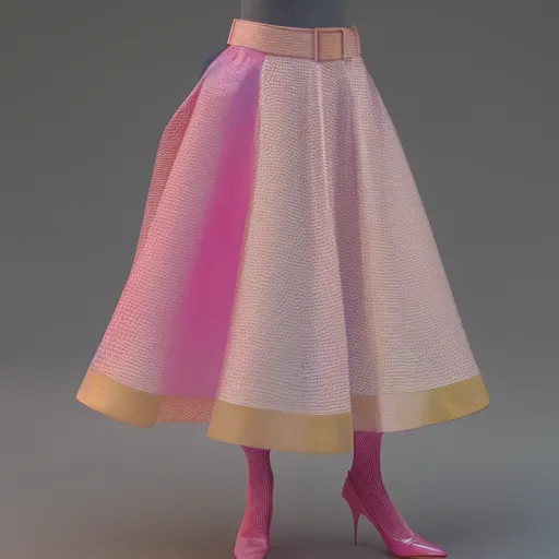 Image similar to a skirt ,silk and cotton,pink and light yellow,layers,long design,white belt,3d render ,fashion design ,highly detailed, hyper realistic,keyshot render,octane render,hdri, 4k -