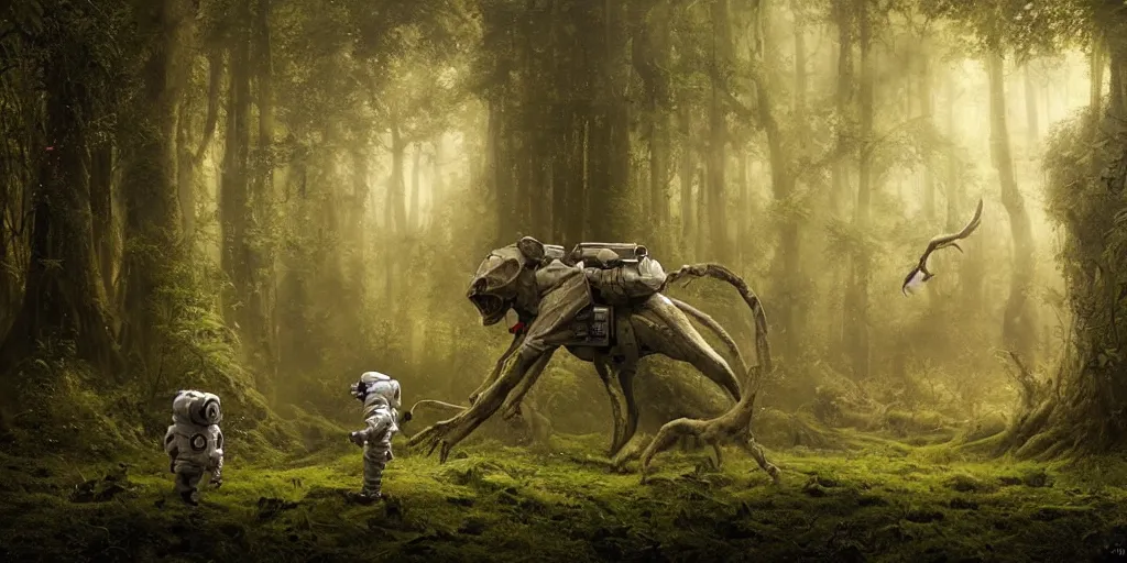 Image similar to an astronaut comes across a strange creature in a forest, a detailed matte painting by frieke janssens, featured on cgsociety, fantasy art, matte painting, reimagined by industrial light and magic, matte drawing