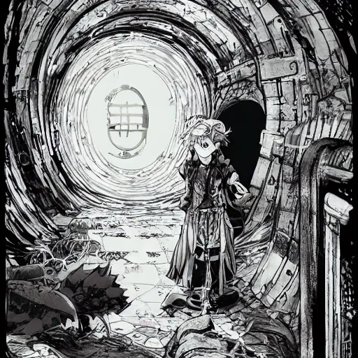 Prompt: precisely drawn illustration of anime old abandoned sewer tunnel, old-fashioned tarot card, victorian playing card, sepia tone, wide angle, sharp, fine details, anime, manga, cyberpunk, intense line art, 8k, precise linework, realistic, shaded lighting by katsuhiro otomo ghost-in-the-shell, magali villeneuve, artgerm, rutkowski Jeremy Lipkin and Giuseppe Dangelico Pino and Michael Garmash and Rob Rey