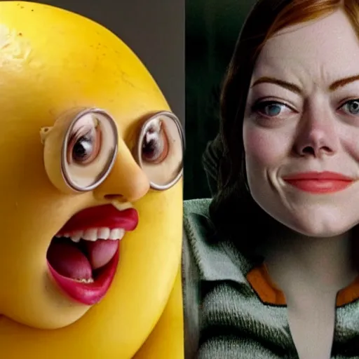 Prompt: a banana fruit that has the accurate facial expressions of emma stone on it, dark humor, dalle 2 generation