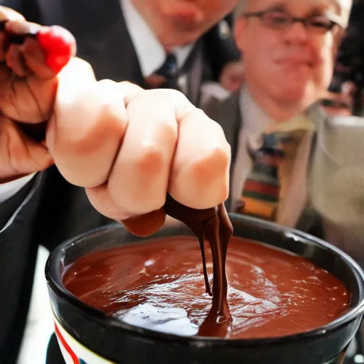 Prompt: donald j. trump shooting chocolate pudding from his fingertips onto liberals