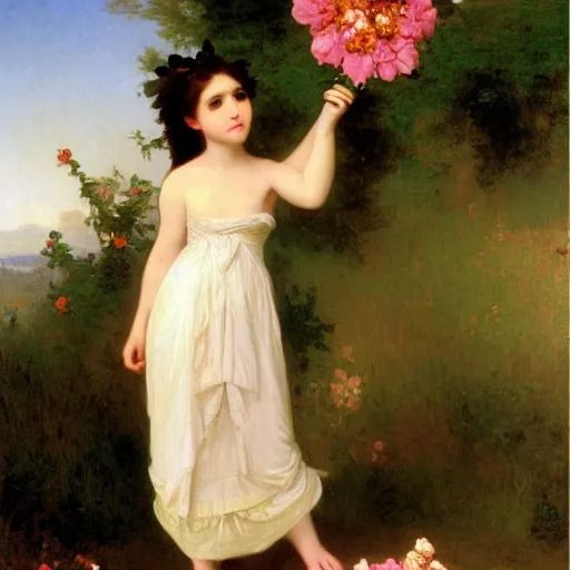 Prompt: An anthropomorphic fox girl with flowers in a dress, by Thomas Cole, William-Adolph Bouguereau, and John Singer Sargent, fox girl holding flowers