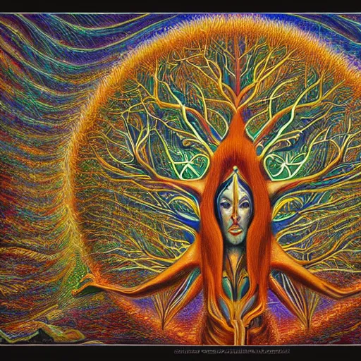 Image similar to the sacred tree by alex grey in the style of oil painting visionary art, intricate artwork octane render, trending on artstation, very coherent symmetrical artwork