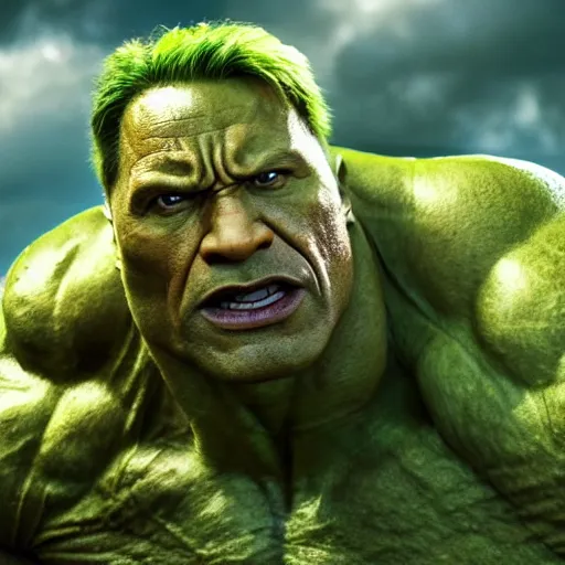 Image similar to dwayne johnson as incredible hulk, marvel cinematic universe, mcu, 8 k, raw, unedited, green skin, in - frame,