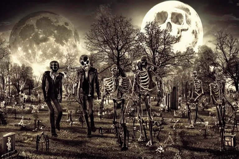 Prompt: rockers skeletons in leather jackets with electric guitars in the hands in a cemetery, rock concert, dark night, full moon, the oak tree, highly detailed digital art, photorealistic