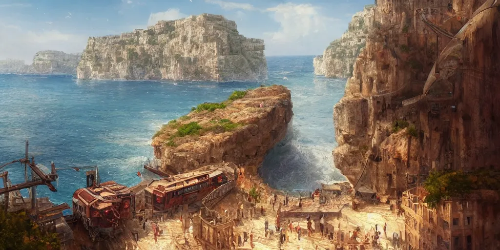 Image similar to looking out a train window, a mediterranean phoenician fishing village, over a chalk cliff, highly detailed, digital painting, artstation, concept art, sharp focus, illustration, art by artgerm and greg rutkowski and raphael lacoste and magali villeneuve