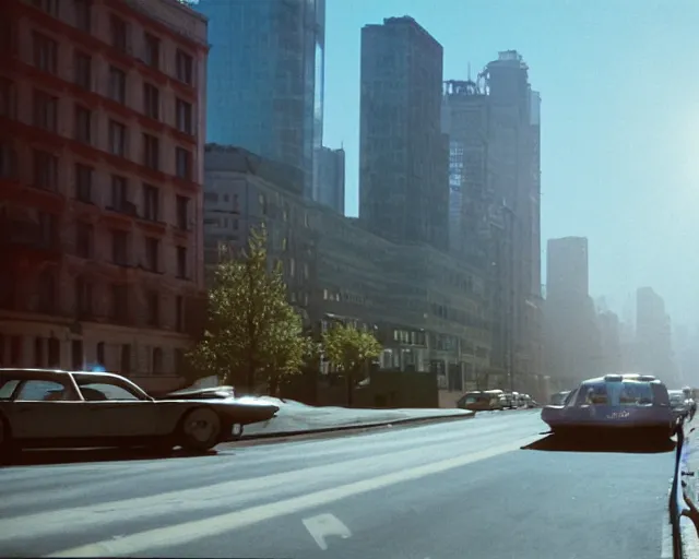 Image similar to a group of cars driving down a street next to tall buildings, a matte painting by andrey yefimovich martynov, pixiv, superflat, streetscape, anamorphic lens flare, photo taken with ektachrome