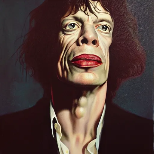 Prompt: Portrait of Mick Jagger by Gottfried Helnwein and Phil Hale