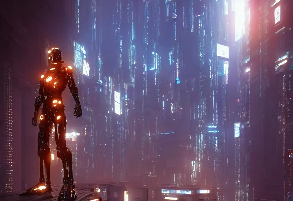 Image similar to shot of film by cyberpunk syle, human like a cyborg full body in detailed data center, character design, complementary color, golden ratio, detailed, sharp lines, trending on artstation, volumetric lighting, by yoichi hatakenaka, by masamune shirow, by josan gonzales, octane render