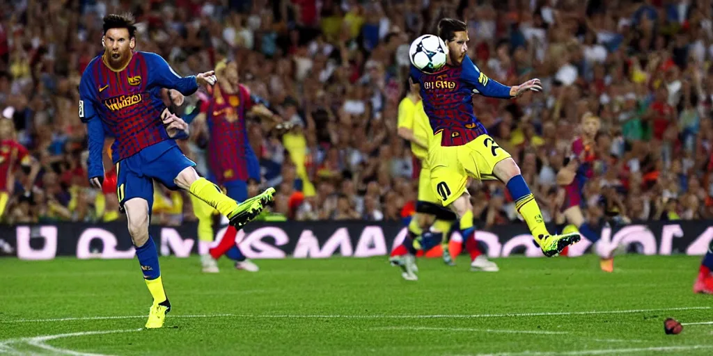 Prompt: messi kicking the planet earth for a goal