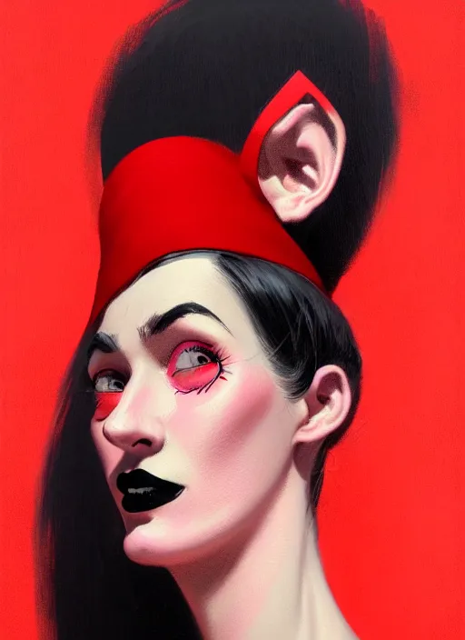 Prompt: portrait of a woman with a crooked nose and a confident expression, 1 9 6 0 s, red clothes, goth, punk, brightly coloured hair, funk, intricate, elegant, highly detailed, digital painting, artstation, concept art, smooth, sharp focus, illustration, art by wlop, mars ravelo and greg rutkowski