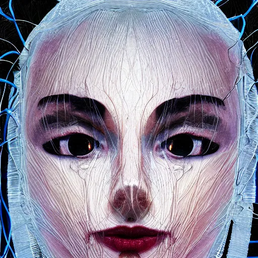 Image similar to beautiful pure evil adult lain with hundreds of wires coming out of her head, a part of her face panel is showing, she is in pure bliss, portrait, painting