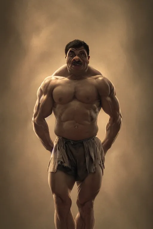 Prompt: upper body portrait of a hulking bulky swole muscular herculean chiseled mr bean rowan atkinson, cinematic lighting, photorealistic, octane render, 8 k, depth of field, 3 d, art by artgerm and greg rutkowski and alphonse mucha and uang guangjian and gil elvgren and sachin ten