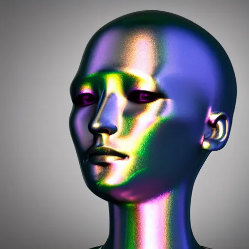 Image similar to 3d render of holographic human robotic head made of glossy iridescent, surrealistic 3d illustration of a human face non-binary, non binary model, 3d model human, cryengine, made of holographic texture, holographic material, holographic rainbow, concept of cyborg and artificial intelligence