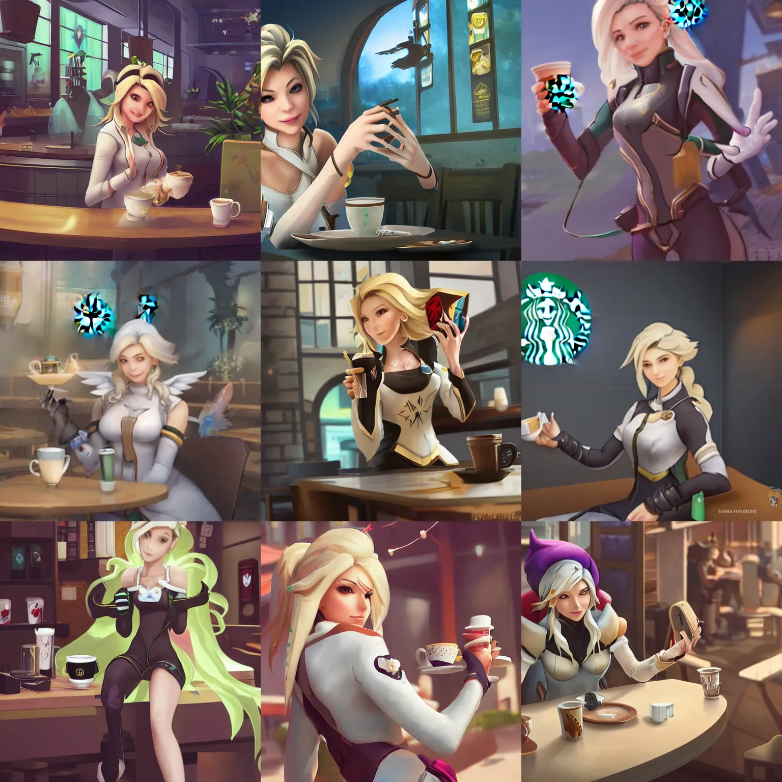 Prompt: mercy from overwatch having tea at starbucks, highly detailed digital art matte painting