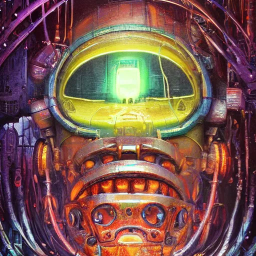 Image similar to low angle shot of A Robot With its head missing, gushing out oil from the hole, walking towards the viewer, neon color scheme, by Clive Barker , intricate, elegant, highly detailed, centered, digital painting, artstation, concept art, smooth, sharp focus, illustration, artgerm, Tomasz Alen Kopera, Peter Mohrbacher donato giancola, Joseph Christian Leyendecker, WLOP, Boris Vallejo.