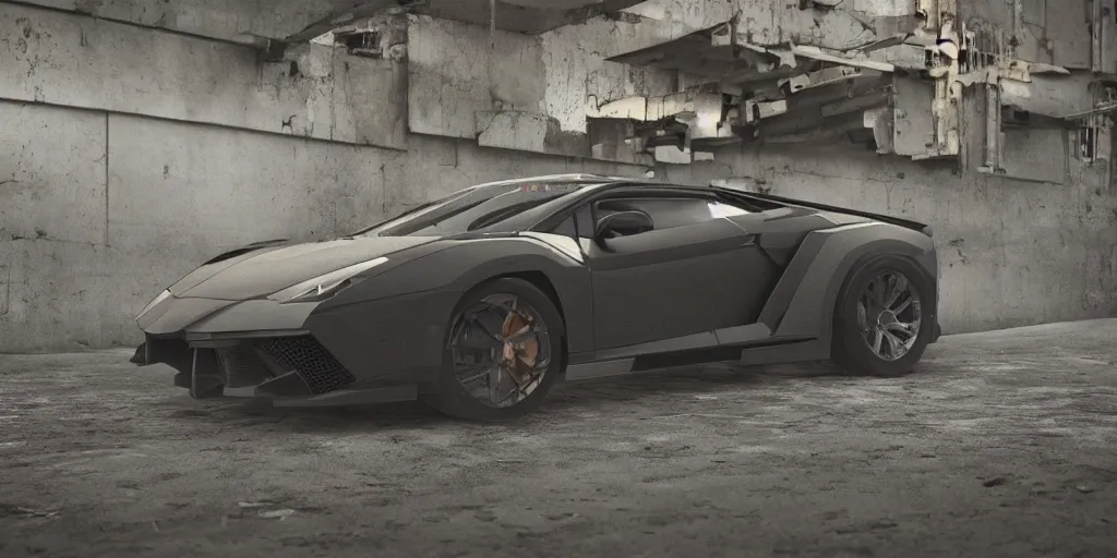 Image similar to black lego lamborghini in an abandoned city. brutalist architecture. soft light. cinematic. intricate. low angle close shot. highly detailed. matte painting in the style ash thorp. octane render. 8 k. trending on artstation