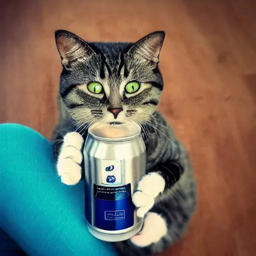 Prompt: “photograph of cat sitting like a human, holding a can of beer, hd, 8k”