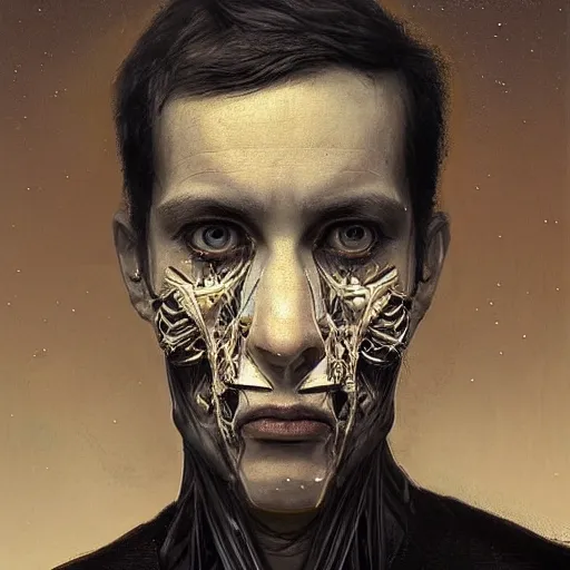 Image similar to surreal portrait of a man by Greg Rutkowski, symmetrical face, he is about 30 years old, short black hair with bangs, his features are a mix between French, Turkish and Russian, transformed into a kind of biomechanical transhuman god, uncany but fascinating, expression of epiphany and determination, cosmic void background, frightening, fascinating, highly detailed portrait, digital painting, book cover, artstation, concept art, smooth, sharp foccus ilustration, Artstation HQ