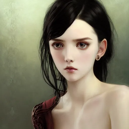 Prompt: of english teenage girl with black hair, china blue eyes, pale glowing skin, beautiful sinister features, no makeup, elegant fashion model, fantasy, intricate, elegant, dress shirt and tie, highly detailed, digital painting, artstation, concept art, smooth, sharp focus, illustration, art by Krenz Cushart and Artem Demura and alphonse mucha