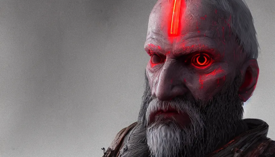 Image similar to a digital art portrait of an old pale warrior with glowing red eyes and grey beard character design from dark souls, old inquisition character sheet, 4 k, ultra detail, volumetric lighting, unreal engine, octane render