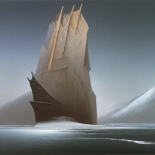 Image similar to an ice ship by Zdzisław Beksiński, oil on canvas