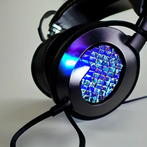 Prompt: photorealistic studio headphones covered in bismuth crystals